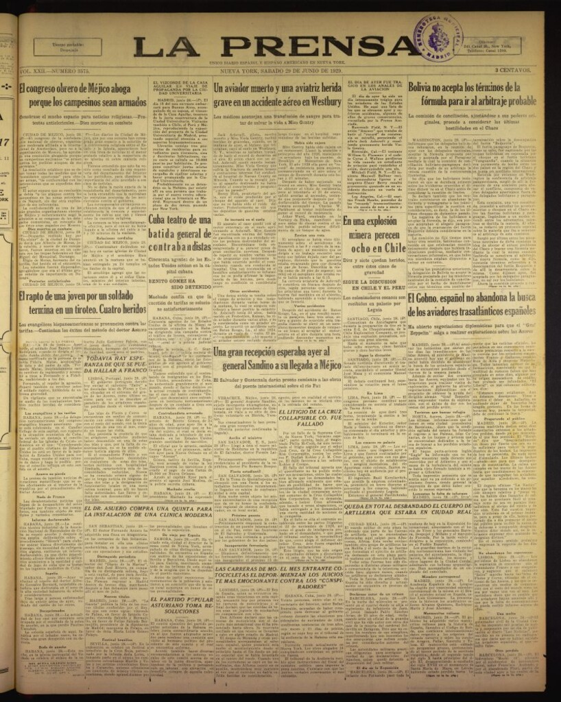 Miniatura de La Prensa: único diario español e hispano americano en Nueva York, del 29 de junio de 1929, nº 3575