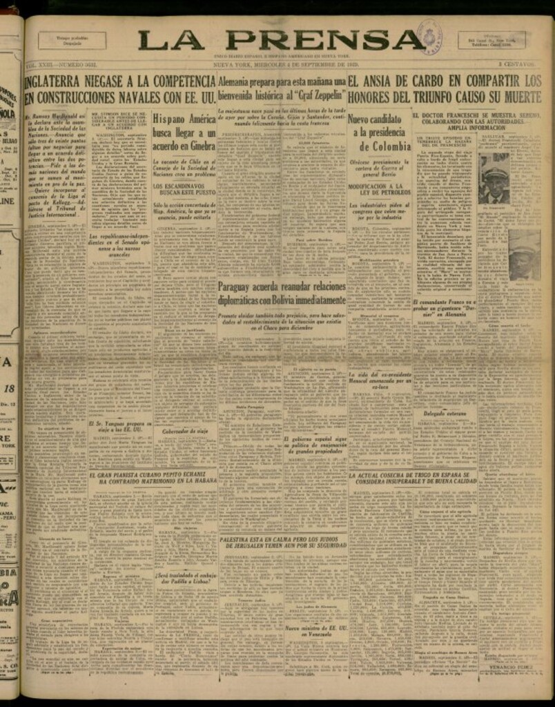 Miniatura de La Prensa: único diario español e hispano americano en Nueva York del 4 de septiembre de 1929, nº 3632