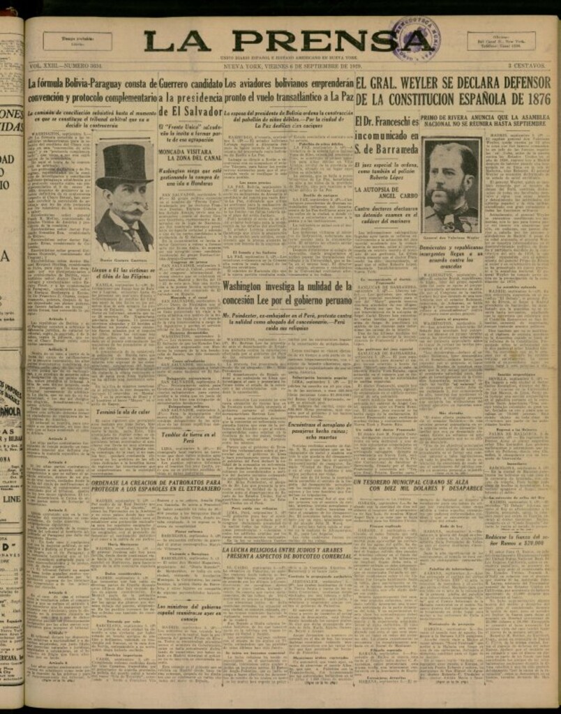 Miniatura de La Prensa: único diario español e hispano americano en Nueva York del 6 de septiembre de 1929, nº 3634