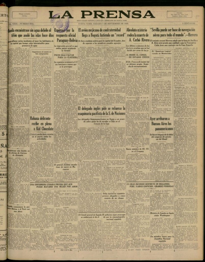 Miniatura de La Prensa: único diario español e hispano americano en Nueva York del 7 de septiembre de 1929, nº 3635