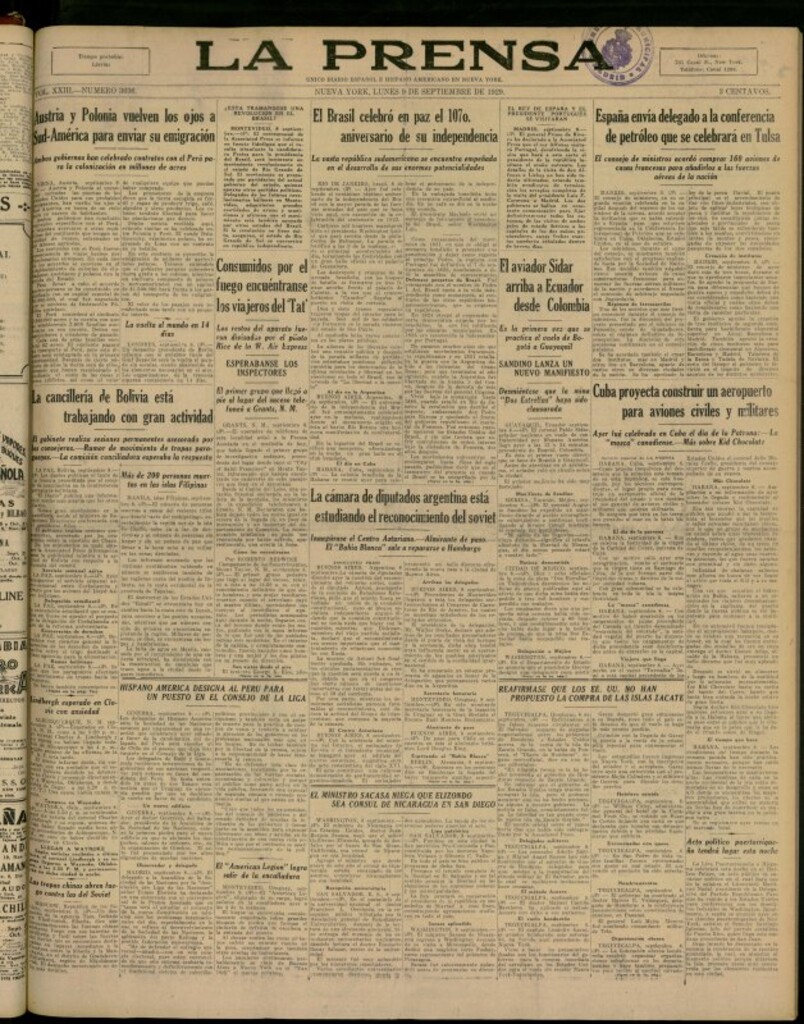 Miniatura de La Prensa: único diario español e hispano americano en Nueva York del 9 de septiembre de 1929, nº 3636
