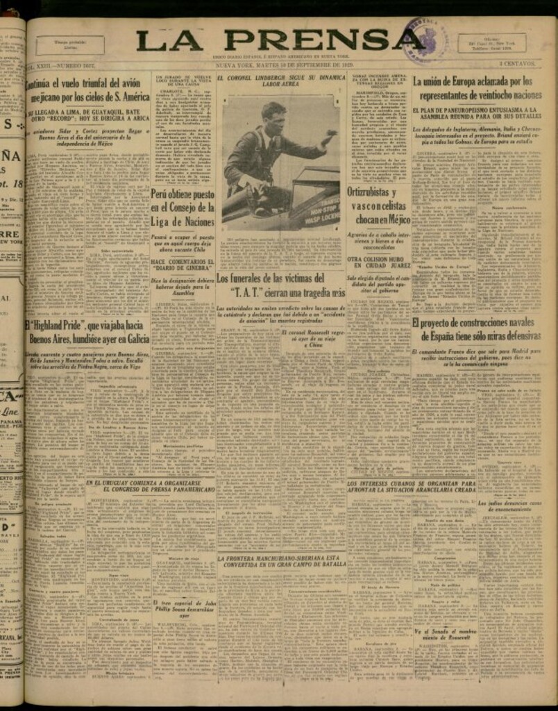 Miniatura de La Prensa: único diario español e hispano americano en Nueva York del 10 de septiembre de 1929, nº 3637