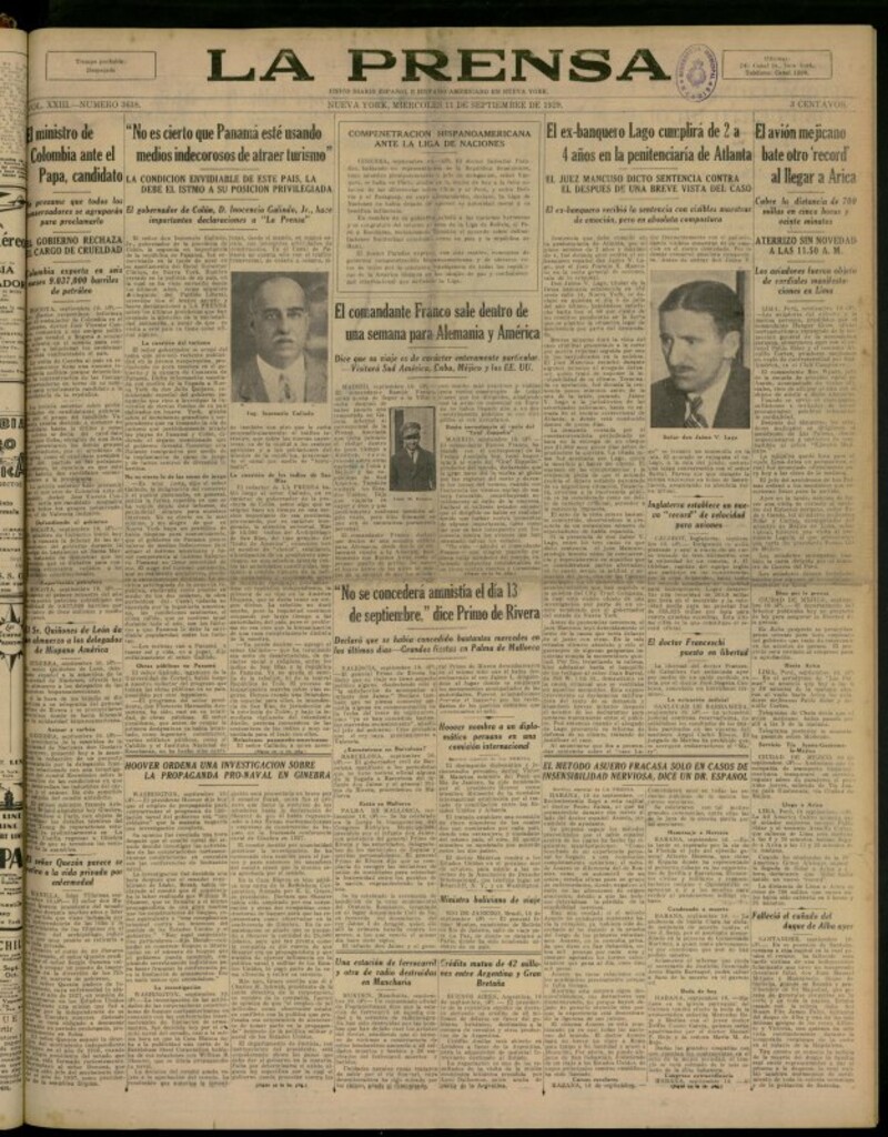 Miniatura de La Prensa: único diario español e hispano americano en Nueva York del 11 de septiembre de 1929, nº 3638