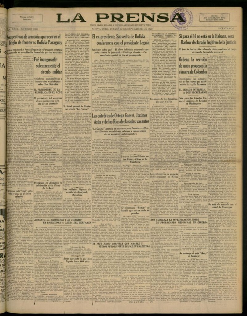 Miniatura de La Prensa: único diario español e hispano americano en Nueva York, del 12 de septiembre de 1929, nº 3639