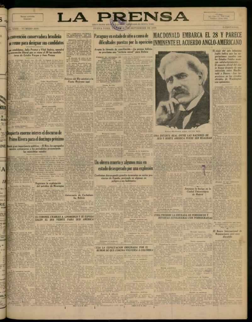 Miniatura de La Prensa: único diario español e hispano americano en Nueva York del 13 de septiembre de 1929, nº 3640