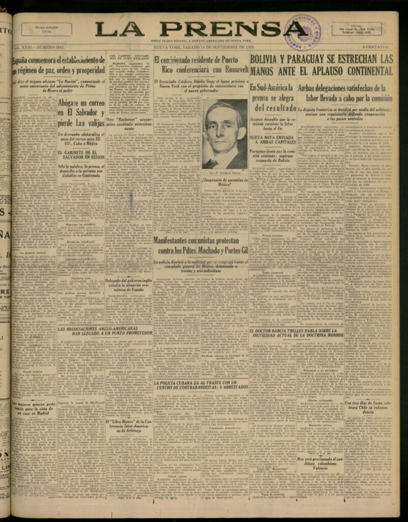 Miniatura de La Prensa: único diario español e hispano americano en Nueva York del 14 de septiembre de 1929, nº 3641