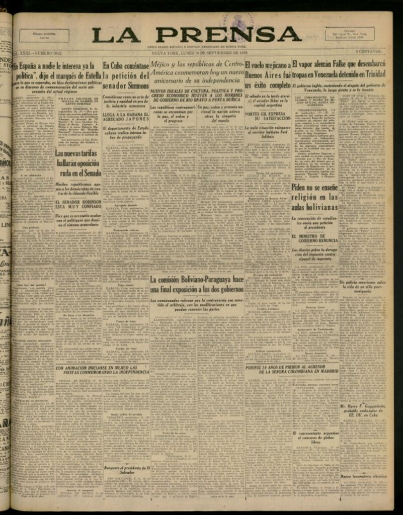 Miniatura de La Prensa: único diario español e hispano americano en Nueva York del 16 de septiembre de 1929, nº 3642