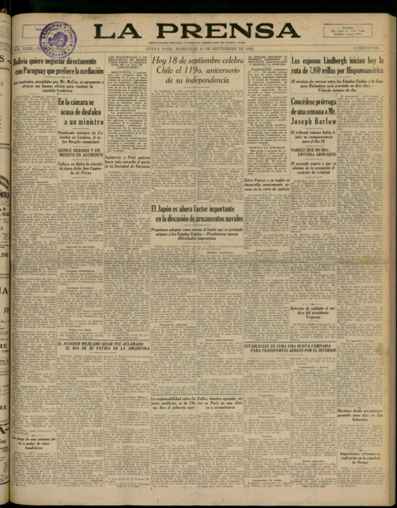 Miniatura de La Prensa: único diario español e hispano americano en Nueva York del 18 de septiembre de 1929, nº 3644