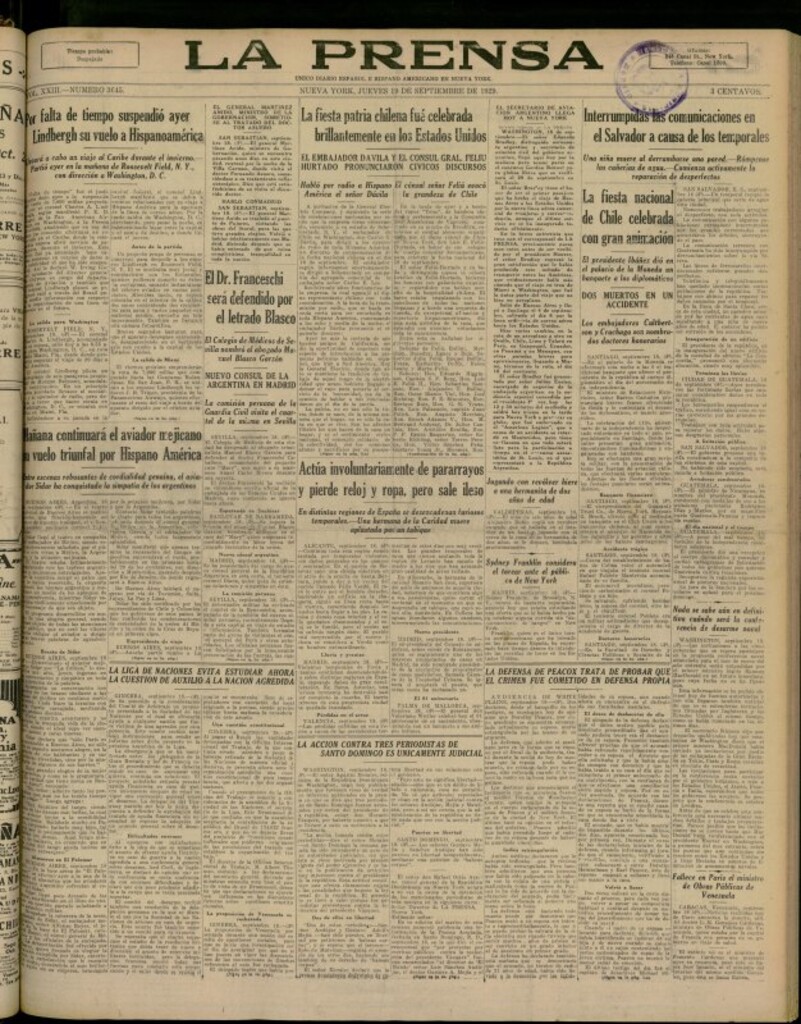 Miniatura de La Prensa: único diario español e hispano americano en Nueva York del 19 de septiembre de 1929, nº 3645