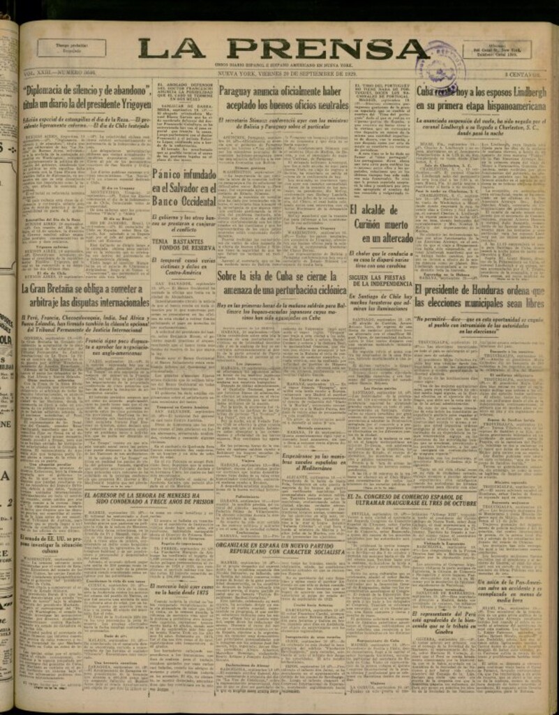 Miniatura de La Prensa: único diario español e hispano americano en Nueva York del 20 de septiembre de 1929, nº 3646