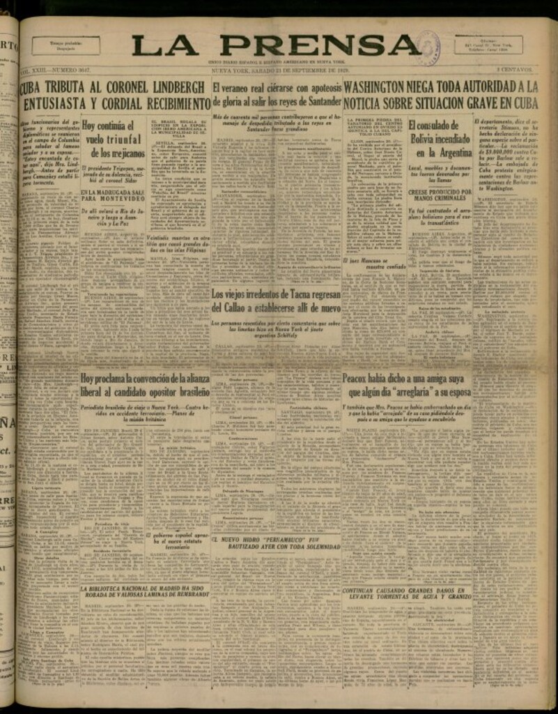 Miniatura de La Prensa: único diario español e hispano americano en Nueva York del 21 de septiembre de 1929, nº 3647