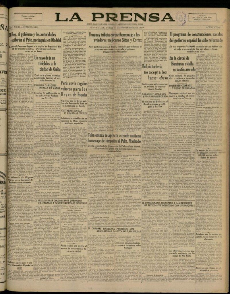 Miniatura de La Prensa: único diario español e hispano americano en Nueva York del 23 de septiembre de 1929, nº 3648