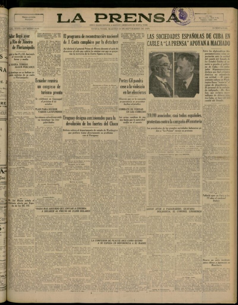 Miniatura de La Prensa: único diario español e hispano americano en Nueva York del 24 de septiembre de 1929, nº 3649