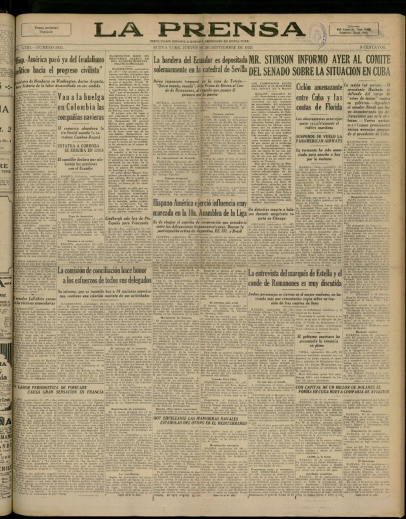 Miniatura de La Prensa: único diario español e hispano americano en Nueva York del 26 de septiembre de 1929, nº 3651