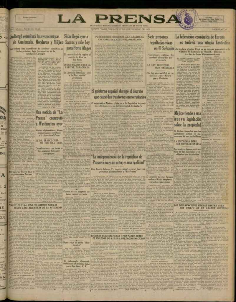 Miniatura de La Prensa: único diario español e hispano americano en Nueva York del 27 de septiembre de 1929, nº 3652