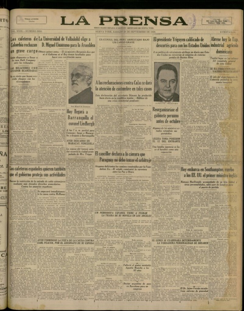 Miniatura de La Prensa: único diario español e hispano americano en Nueva York del 28 de septiembre de 1929, nº 3653