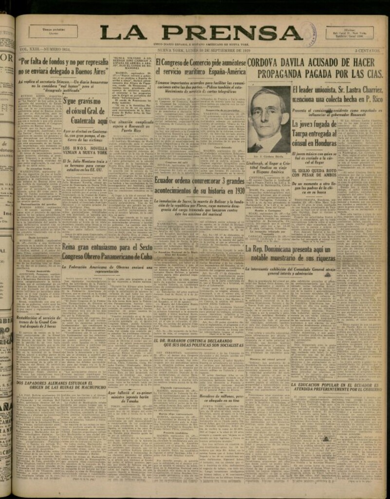 Miniatura de La Prensa: único diario español e hispano americano en Nueva York del 30 de septiembre de 1929, nº 3654