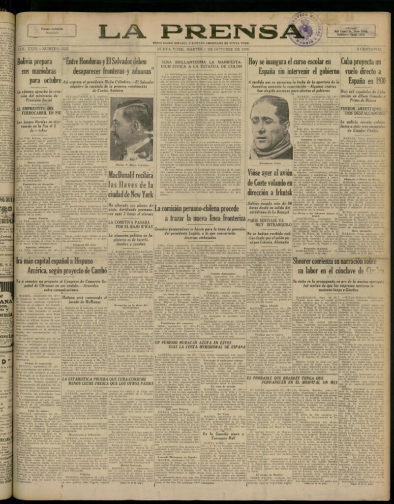 Miniatura de La Prensa: único diario español e hispano americano en Nueva York del 1 de octubre de 1929, nº 3655