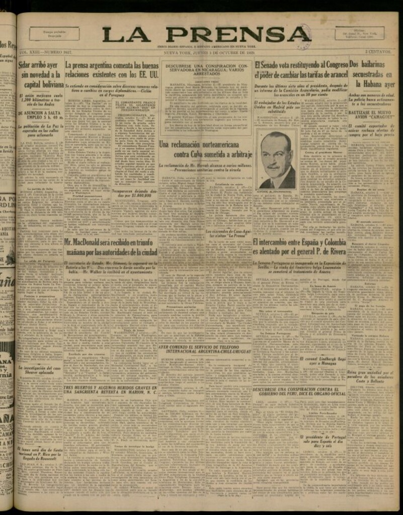 Miniatura de La Prensa: único diario español e hispano americano en Nueva York del 3 de octubre de 1929, nº 3657