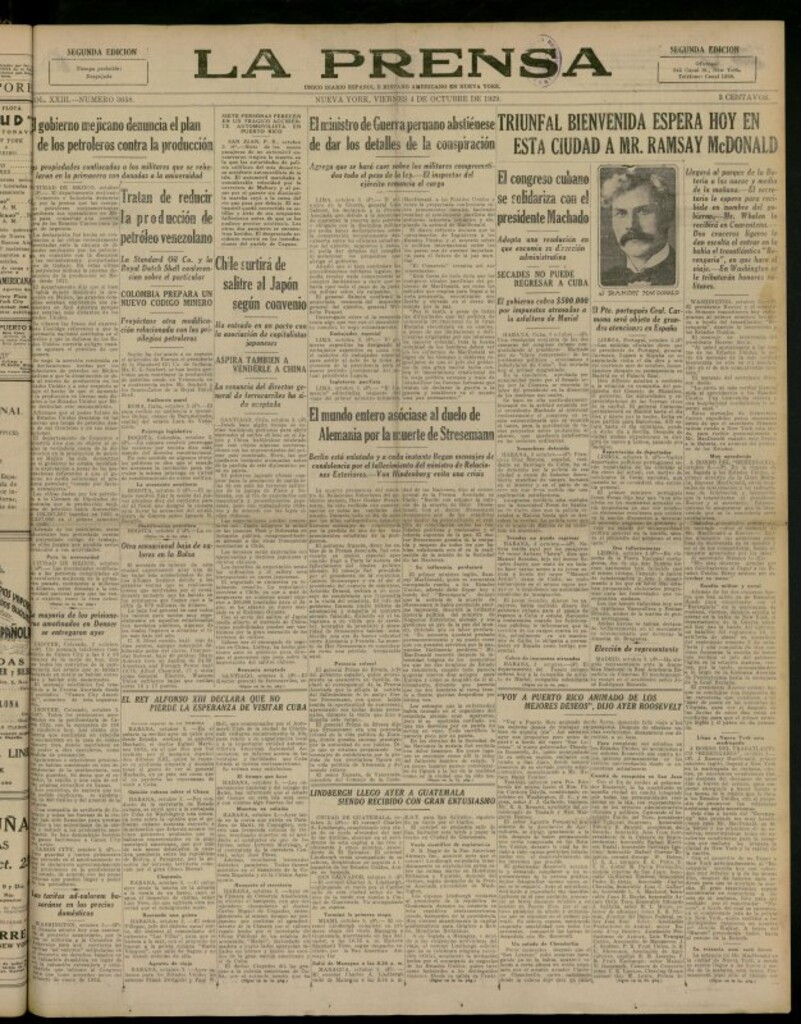 Miniatura de La Prensa: único diario español e hispano americano en Nueva York del 4 de octubre de 1929, nº 3658