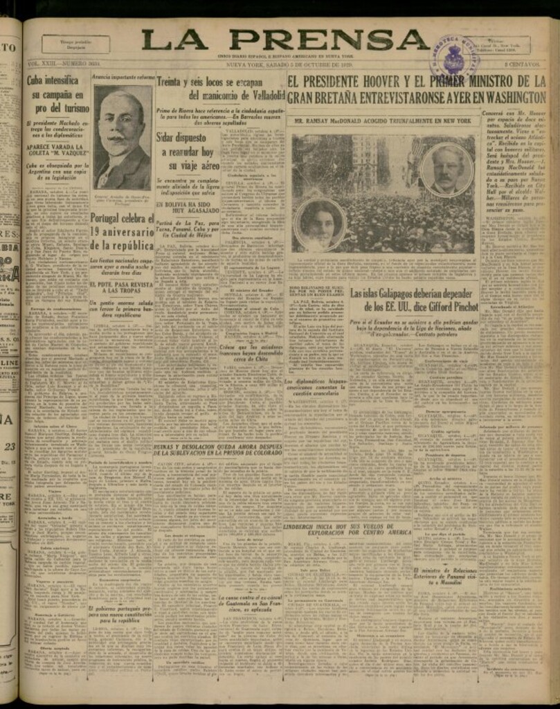 Miniatura de La Prensa: único diario español e hispano americano en Nueva York del 5 de octubre de 1929, nº 3659