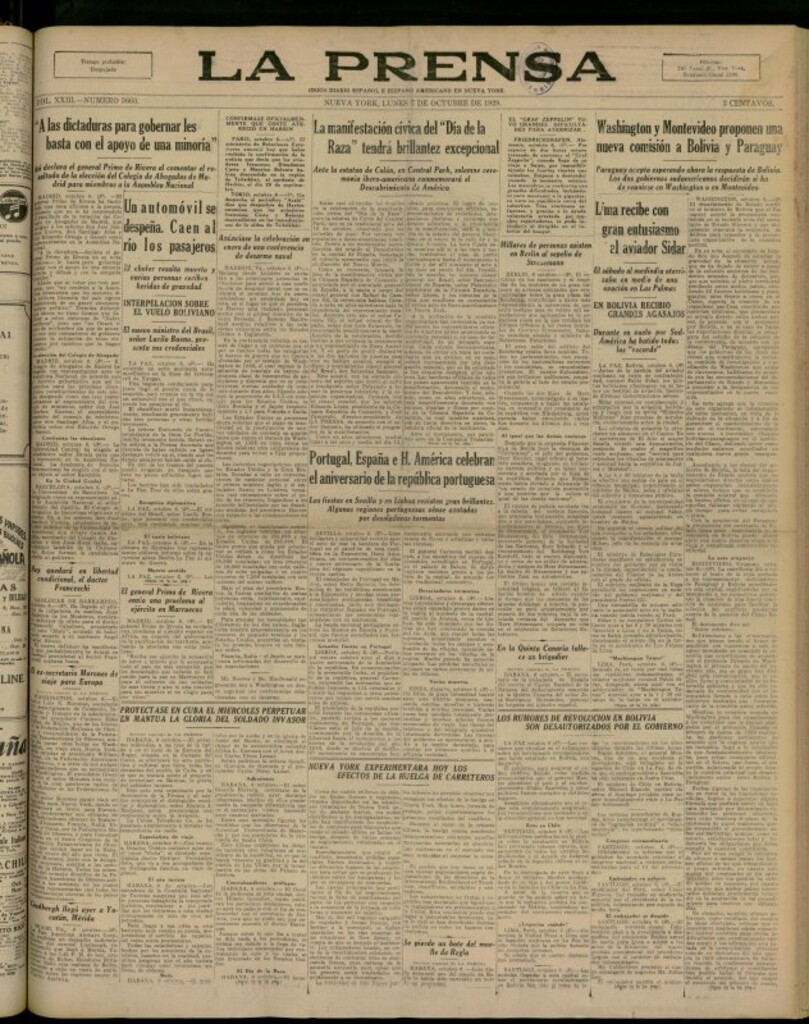 Miniatura de La Prensa: único diario español e hispano americano en Nueva York del 7 de octubre de 1929, nº 3660