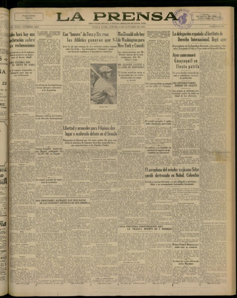 Miniatura de La Prensa: único diario español e hispano americano en Nueva York del 10 de octubre de 1929, nº 3663