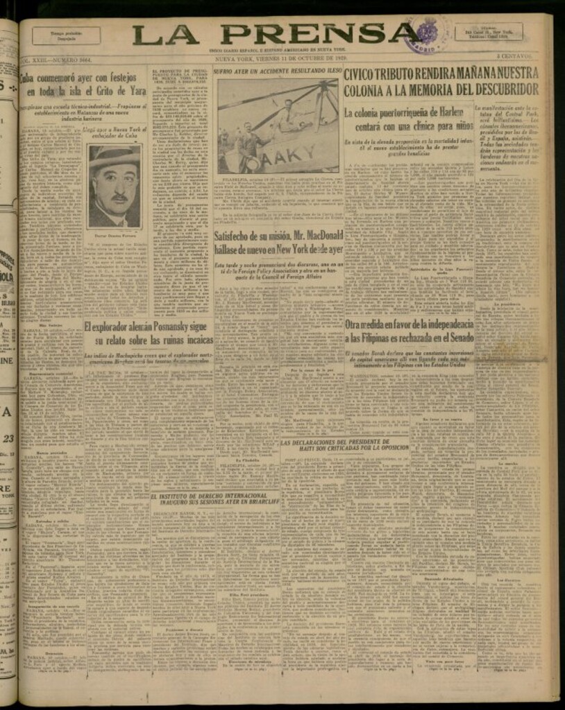 Miniatura de La Prensa: único diario español e hispano americano en Nueva York del 11 de octubre de 1929, nº 3664