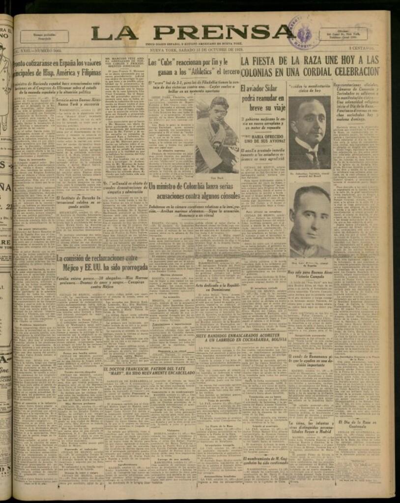 Miniatura de La Prensa: único diario español e hispano americano en Nueva York del 12 de octubre de 1929, nº 3665