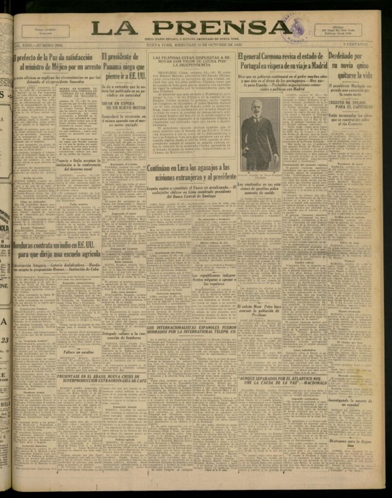 Miniatura de La Prensa: único diario español e hispano americano en Nueva York del 16 de octubre de 1929, nº 3668