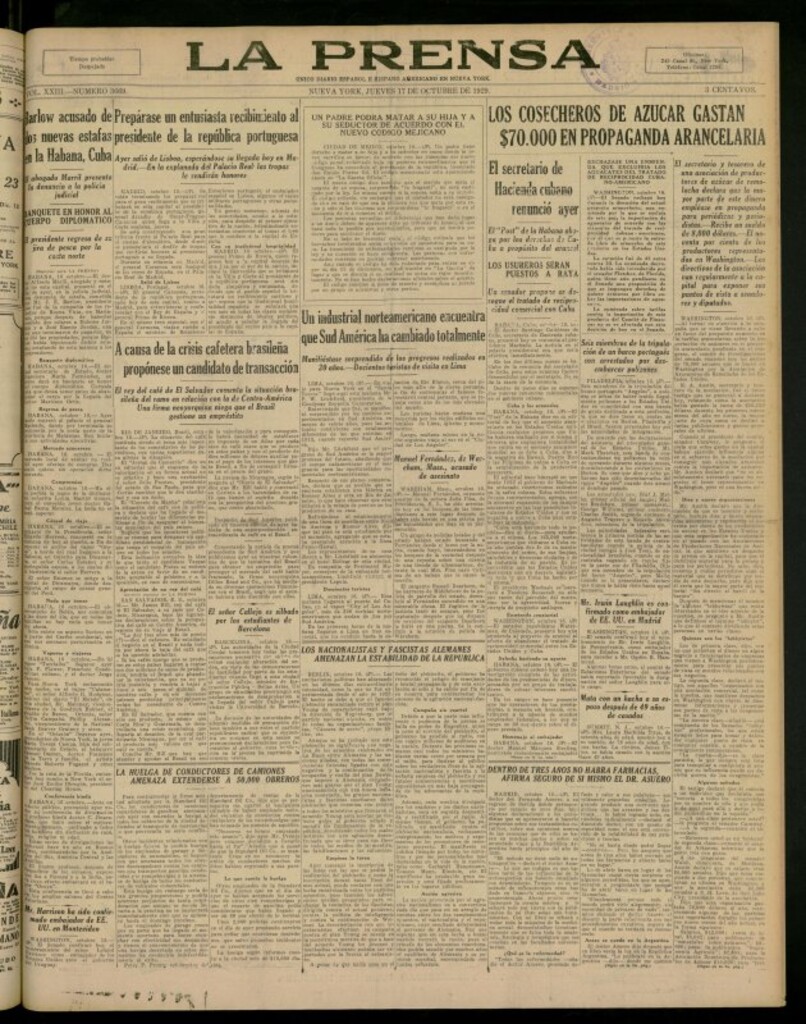 Miniatura de La Prensa: único diario español e hispano americano en Nueva York del 17 de octubre de 1929, nº 3669