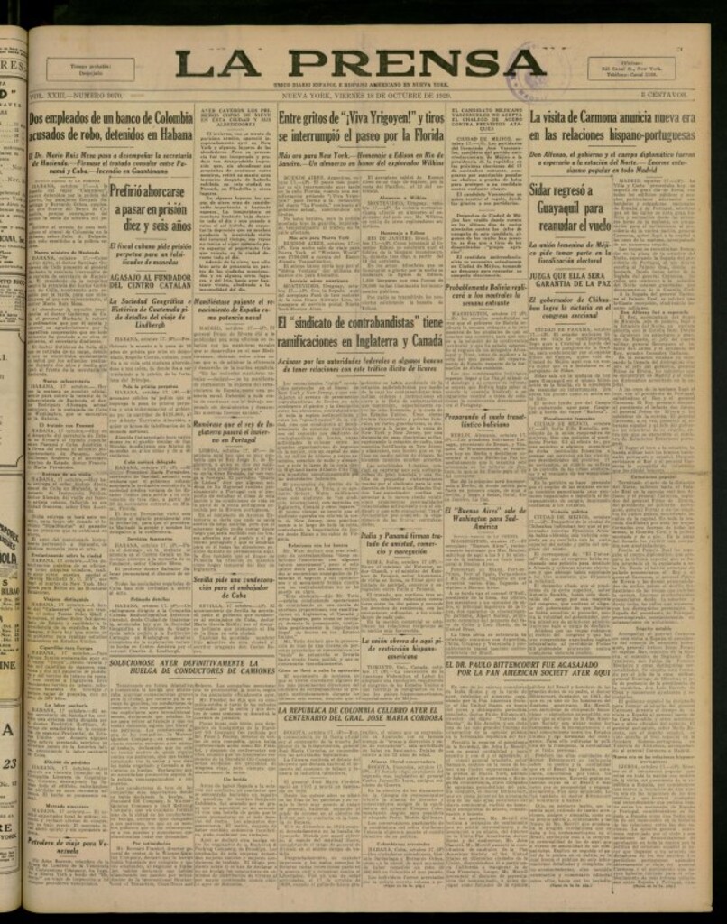 Miniatura de La Prensa: único diario español e hispano americano en Nueva York del 18 de octubre de 1929, nº 3670
