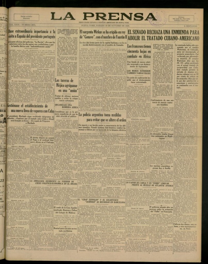 Miniatura de La Prensa: único diario español e hispano americano en Nueva York del 19 de octubre de 1929, nº 3671