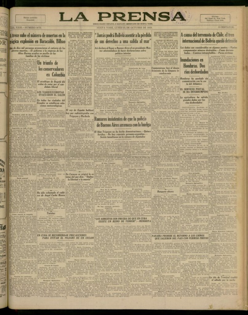 Miniatura de La Prensa: único diario español e hispano americano en Nueva York del 21 de octubre de 1929, nº 3672