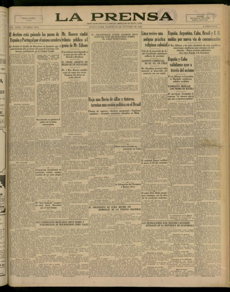 Miniatura de La Prensa: único diario español e hispano americano en Nueva York del 22 de octubre de 1929, nº 3673