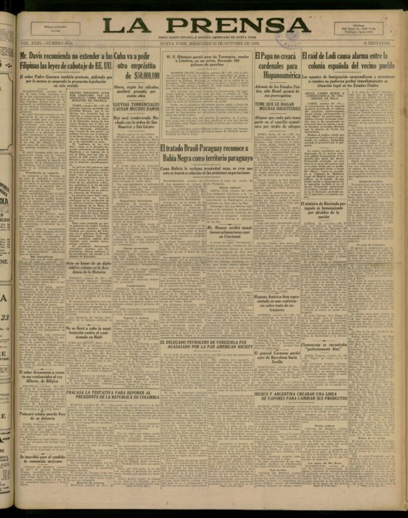 Miniatura de La Prensa: único diario español e hispano americano en Nueva York del 23 de octubre de 1929, nº 3674