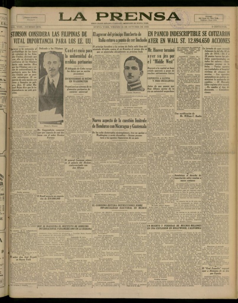 Miniatura de La Prensa: único diario español e hispano americano en Nueva York del 25 de octubre de 1929, nº 3676