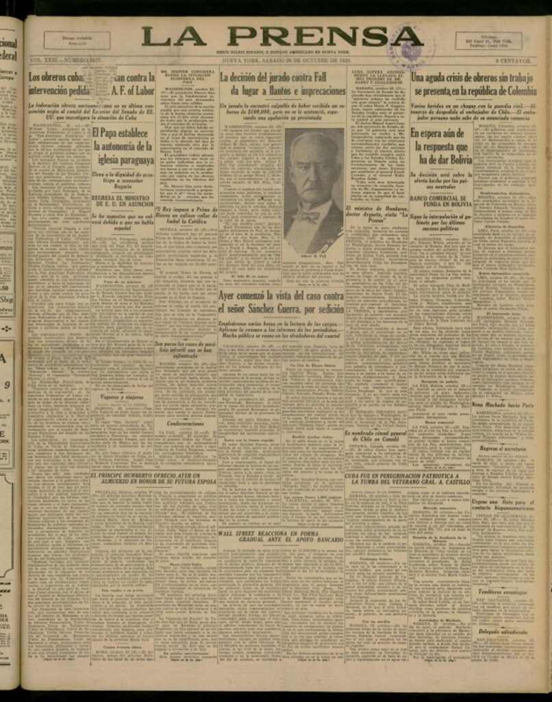 Miniatura de La Prensa: único diario español e hispano americano en Nueva York del 26 de octubre de 1929, nº 3677
