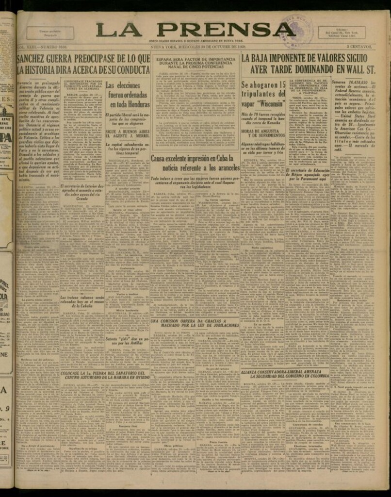 Miniatura de La Prensa: único diario español e hispano americano en Nueva York del 30 de octubre de 1929, nº 3680