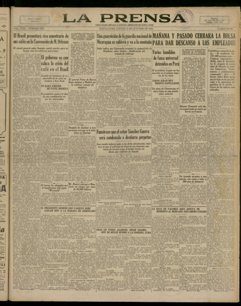 Miniatura de La Prensa: único diario español e hispano americano en Nueva York del 31 de octubre de 1929, nº 3681