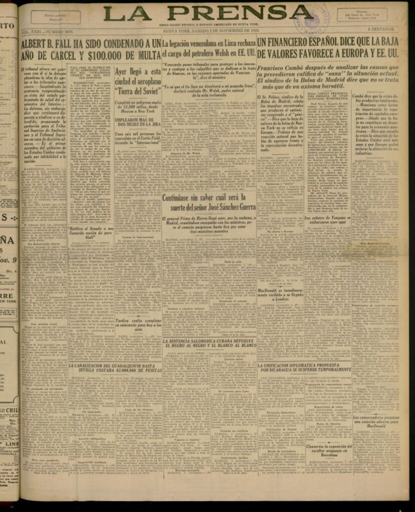 Miniatura de La Prensa: único diario español e hispano americano en Nueva York del 2 de noviembre de 1929, nº 3683
