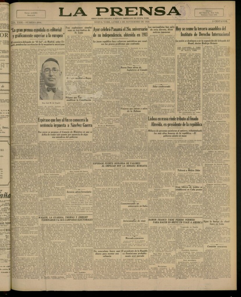 Miniatura de La Prensa: único diario español e hispano americano en Nueva York del 4 de noviembre de 1929, nº 3684