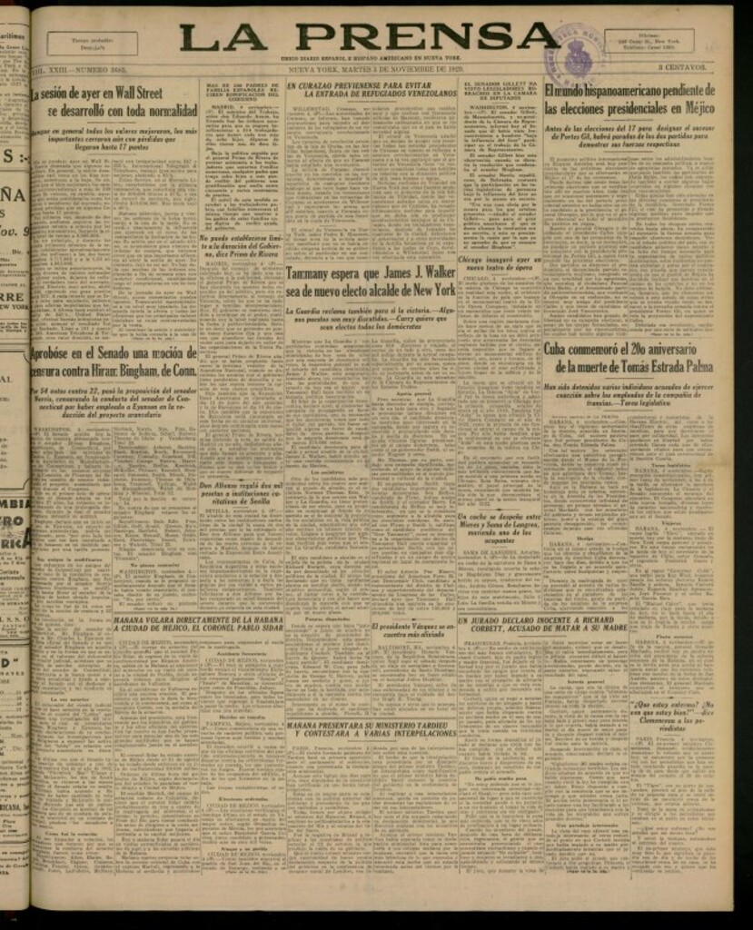 Miniatura de La Prensa: único diario español e hispano americano en Nueva York del 5 de noviembre de 1929, nº 3685