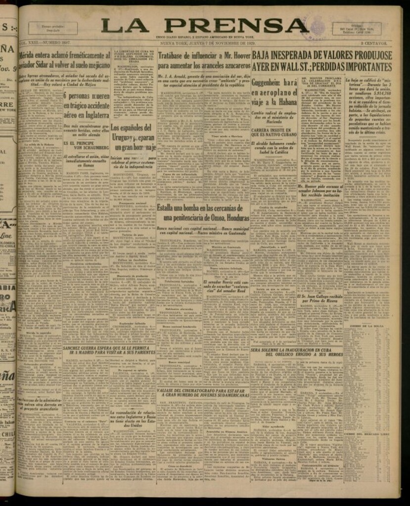 Miniatura de La Prensa: único diario español e hispano americano en Nueva York del 7 de noviembre de 1929, nº 3687