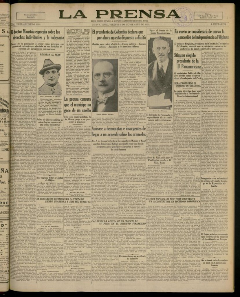 Miniatura de La Prensa: único diario español e hispano americano en Nueva York del 8 de noviembre de 1929, nº 3688