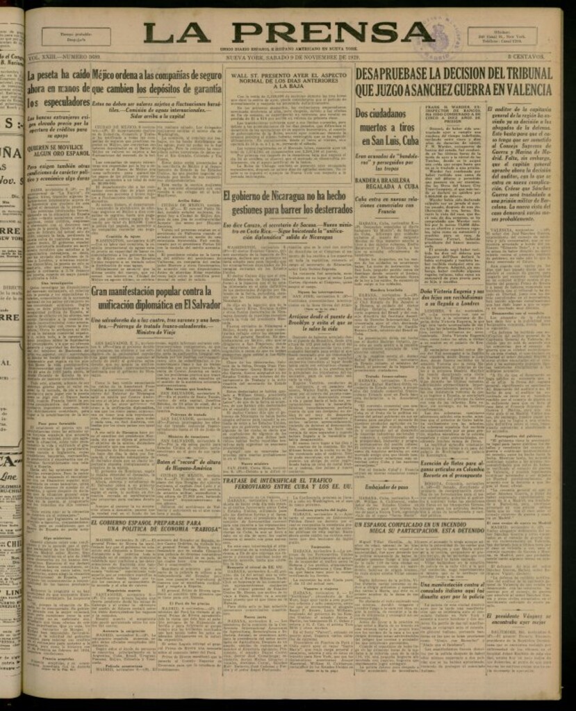 Miniatura de La Prensa: único diario español e hispano americano en Nueva York del 9 de noviembre de 1929, nº 3689
