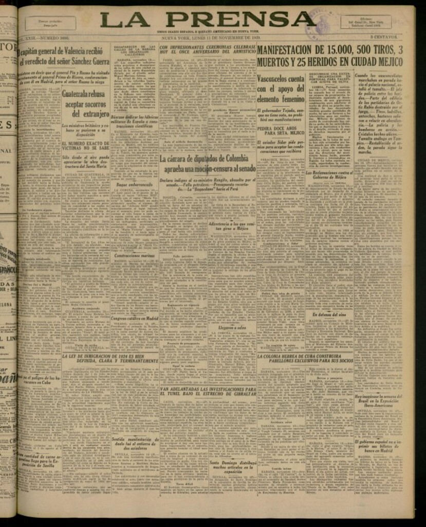 Miniatura de La Prensa: único diario español e hispano americano en Nueva York del 11 de noviembre de 1929, nº 3690