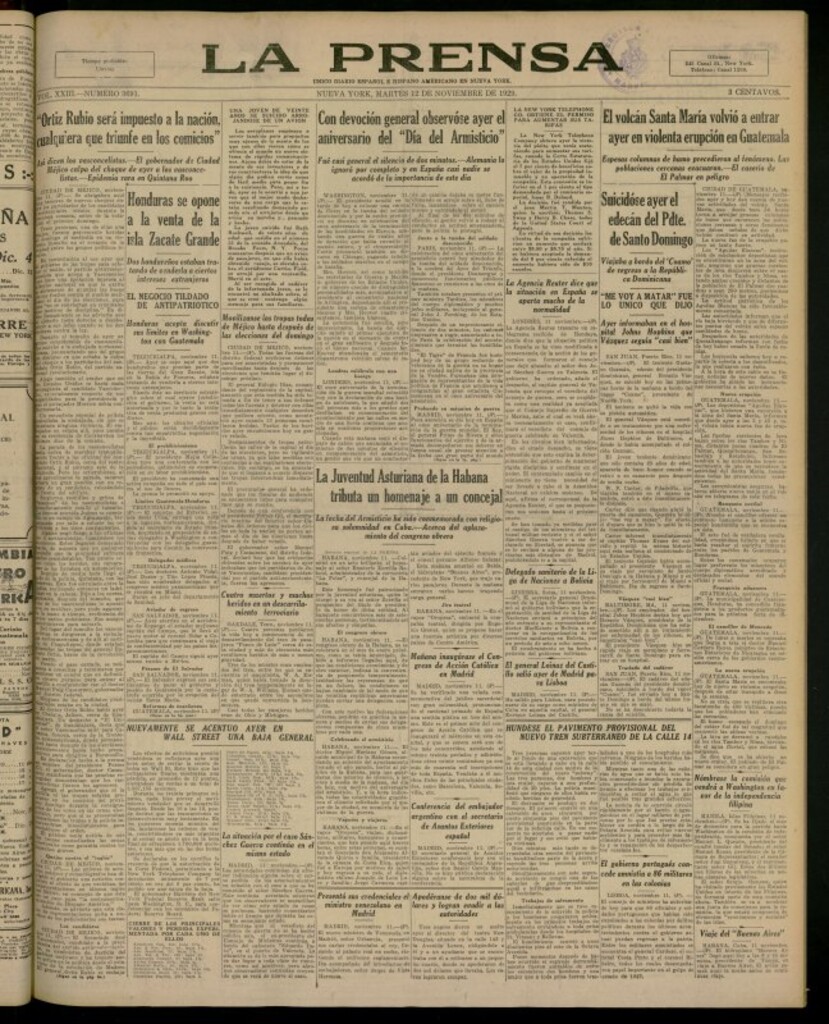 Miniatura de La Prensa: único diario español e hispano americano en Nueva York del 12 de noviembre de 1929, nº 3691