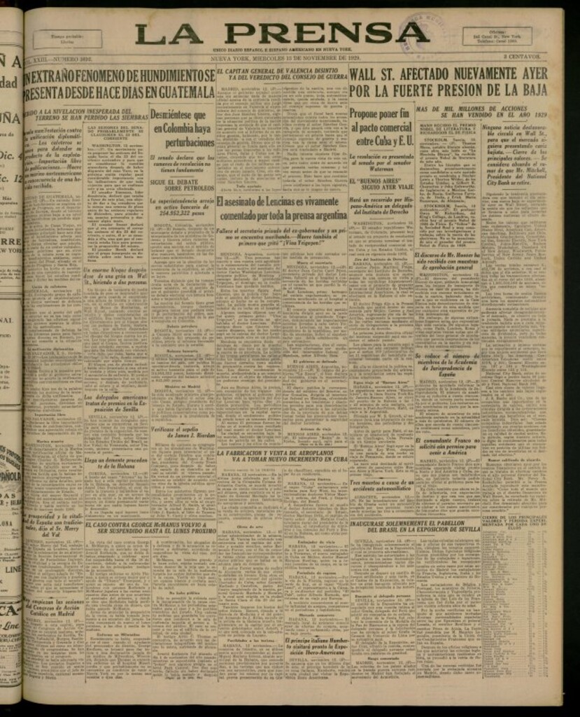 Miniatura de La Prensa: único diario español e hispano americano en Nueva York del 13 de noviembre de 1929, nº 3692