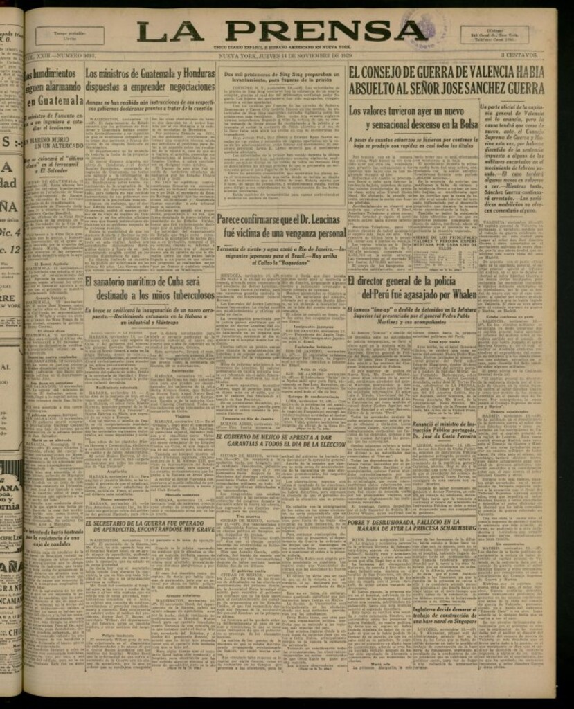 Miniatura de La Prensa: único diario español e hispano americano en Nueva York del 14 de noviembre de 1929, nº 3693